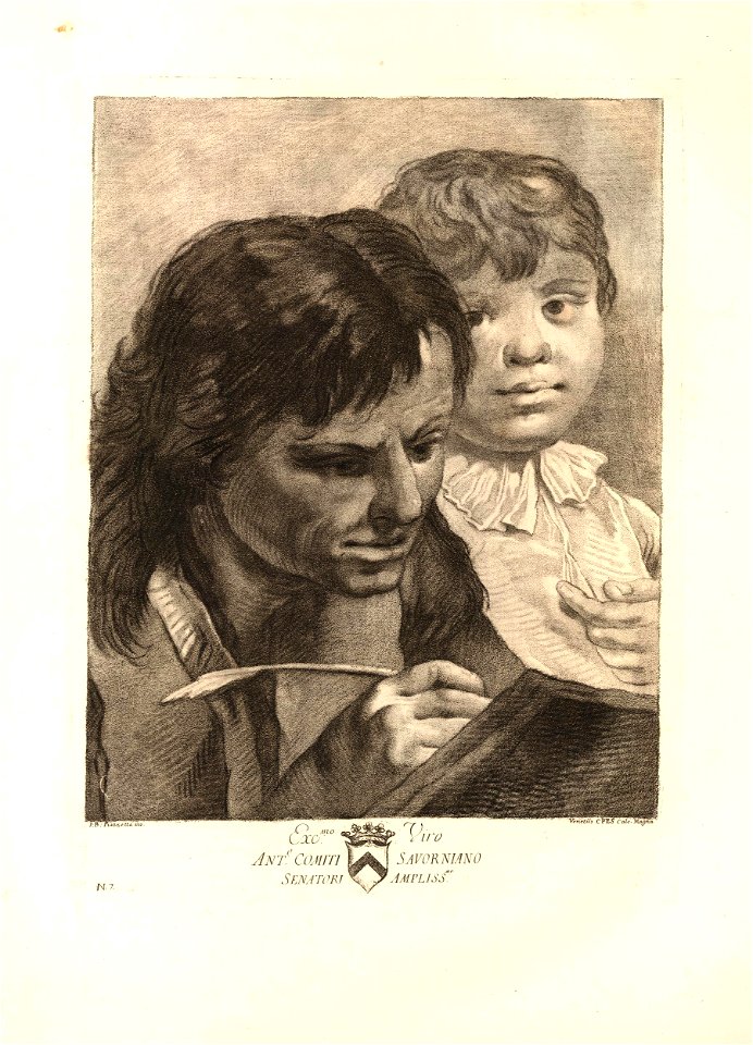 Innocente Alessandri - Head and shoulders of a long-haired man writing with a quill in a ledger with a boy standing behind his shoulder. c.1760s, 1943,0709.82