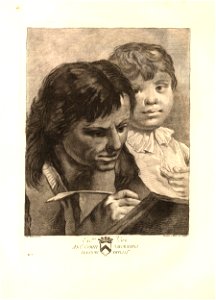 Innocente Alessandri - Head and shoulders of a long-haired man writing with a quill in a ledger with a boy standing behind his shoulder. c.1760s, 1943,0709.82