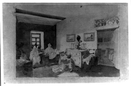 Interior of a western style house, possibly at a border post, with Russian empire chair and western picture frames LCCN2011660618