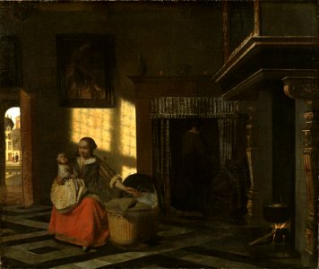 Interior with a Mother close to a Cradle (Pieter de Hooch) - Nationalmuseum - 17476. Free illustration for personal and commercial use.