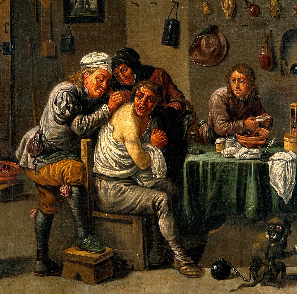 Interior of a surgery with two operators, one letting blood Wellcome V0017416