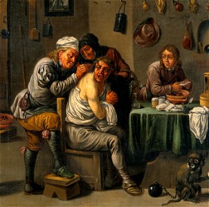 Interior of a surgery with two operators, one letting blood Wellcome V0017416