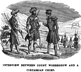 Interview between Count Worroenzow and a Circassian chief. Travels in Circassia, Krim-tartary, &c. Free illustration for personal and commercial use.
