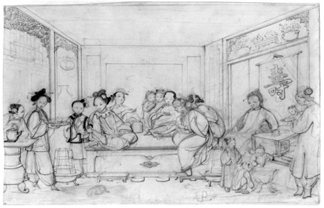 Interior scene showing a birthday party with women preparing tea at left, a group of women on raised platform at center, and children with elders under the Chinese character representing LCCN90705034