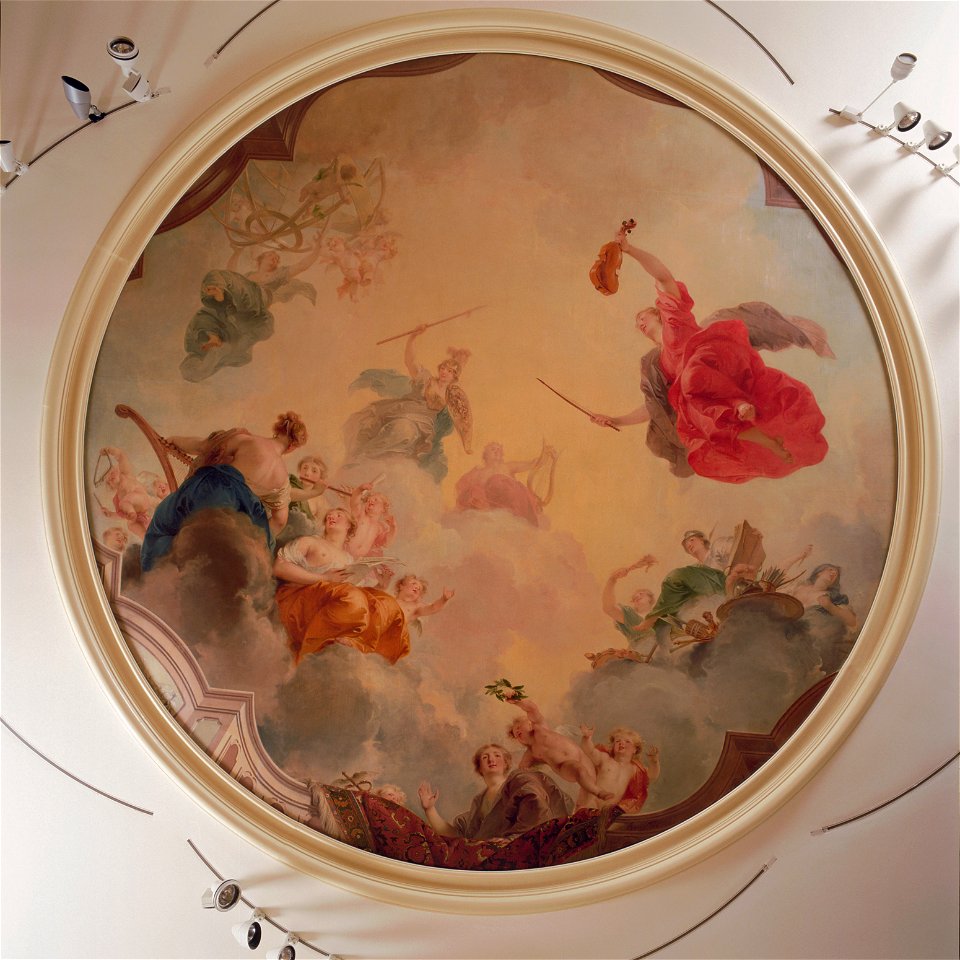Interieur, eerste verdieping, achterzijde (Zaal), plafondschildering, Apollo tronend op de wolken met Minerva en de negen muzen - Amsterdam - 20394802 - RCE
