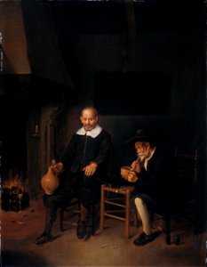 Interieur met twee mannen bij het vuur. Rijksmuseum SK-A-61. Free illustration for personal and commercial use.