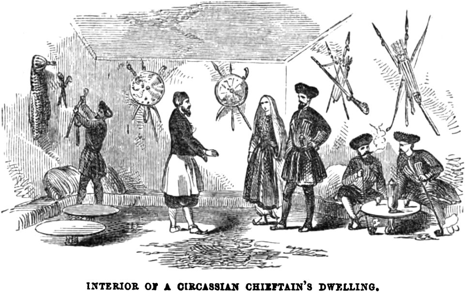 Interior of a Circassian chieftain's dwelling. Edmund Spencer. Turkey, Russia, the Black Sea, and Circassia.P.315. Free illustration for personal and commercial use.