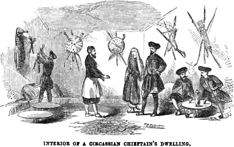 Interior of a Circassian chieftain's dwelling. Edmund Spencer. Turkey, Russia, the Black Sea, and Circassia.P.315. Free illustration for personal and commercial use.