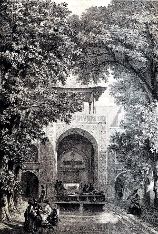 Interior garden of colledge of Sultan Shah Hussein by Eugène Flandin