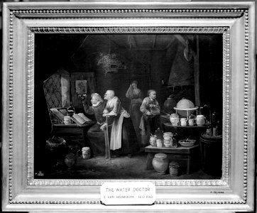 Interior with doctor, assistant, old woman and girl. Oil pai Wellcome M0007638