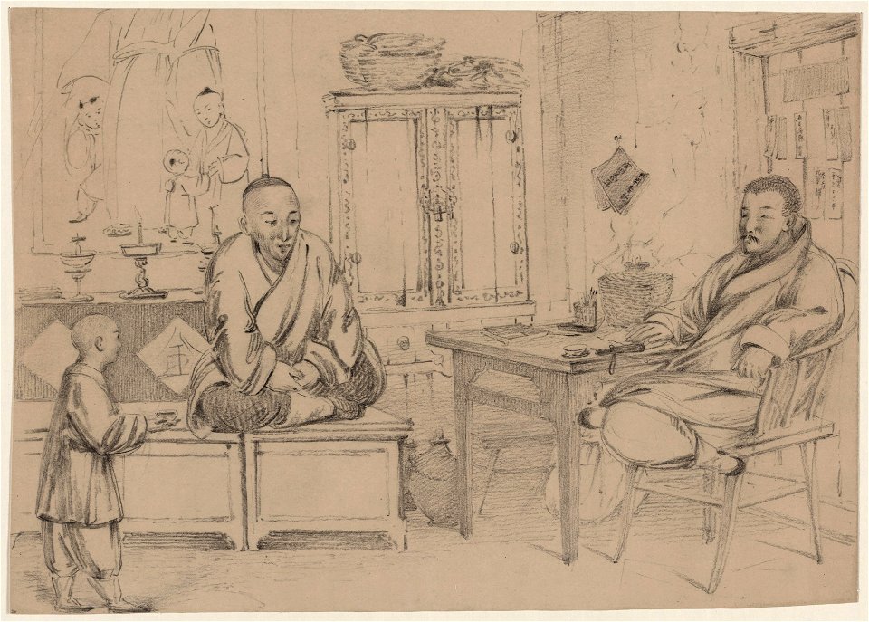 Interior view showing two men being served tea by a young boy in a commercial establishment, possibly during a business transaction LCCN2004679128