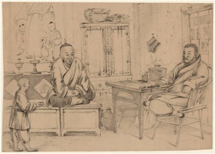 Interior view showing two men being served tea by a young boy in a commercial establishment, possibly during a business transaction LCCN2004679128