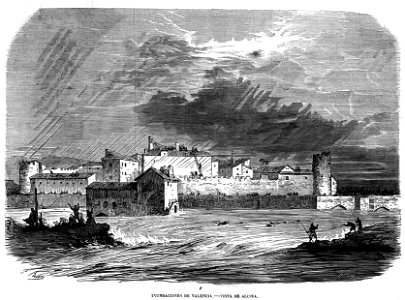 Inundaciones de Valencia, vista de Alcira, de Ruiz 1864