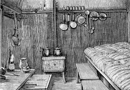 Interno del rifugio a Monte Corno (xilografia)