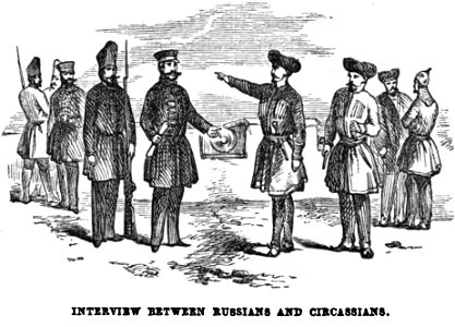 Interview between Russians and Circassians. Edmund Spencer. Turkey, Russia, the Black Sea, and Circassia.P.303. Free illustration for personal and commercial use.