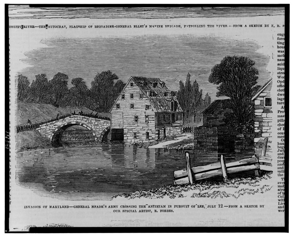 Invasion of Maryland - General Meade's army crossing the Antietam in pursuit of Lee, July 12 - from a sketch by our special artist, E. Forbes. LCCN00652506