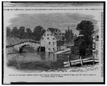 Invasion of Maryland - General Meade's army crossing the Antietam in pursuit of Lee, July 12 - from a sketch by our special artist, E. Forbes. LCCN00652506