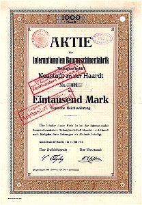 Internationale Baumaschinenfabrik 1000 Mk 1912