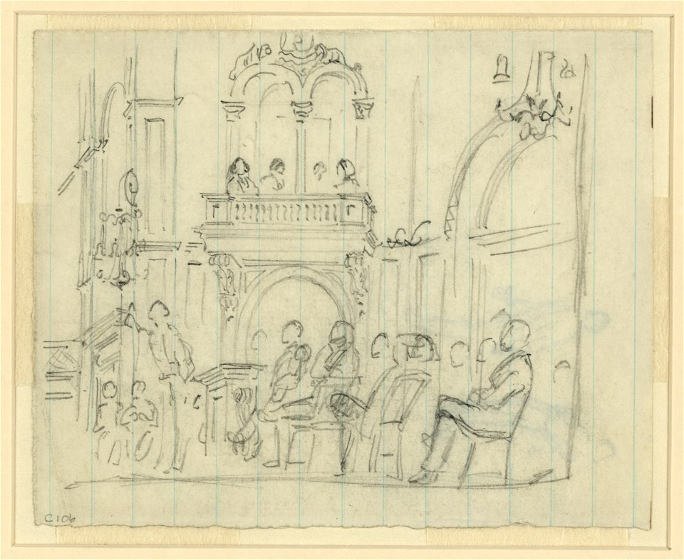 Interior of building, with seated figures LCCN2004661161