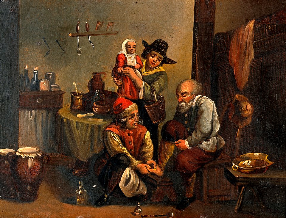 Interior of a surgery with a surgeon attending to a man's fo Wellcome V0017589