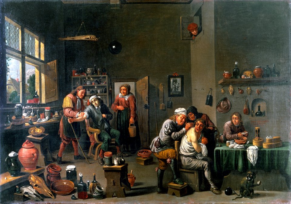 Interior of a surgery with two operators, one letting blood Wellcome M0007661