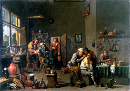 Interior of a surgery with two operators, one letting blood Wellcome M0007661