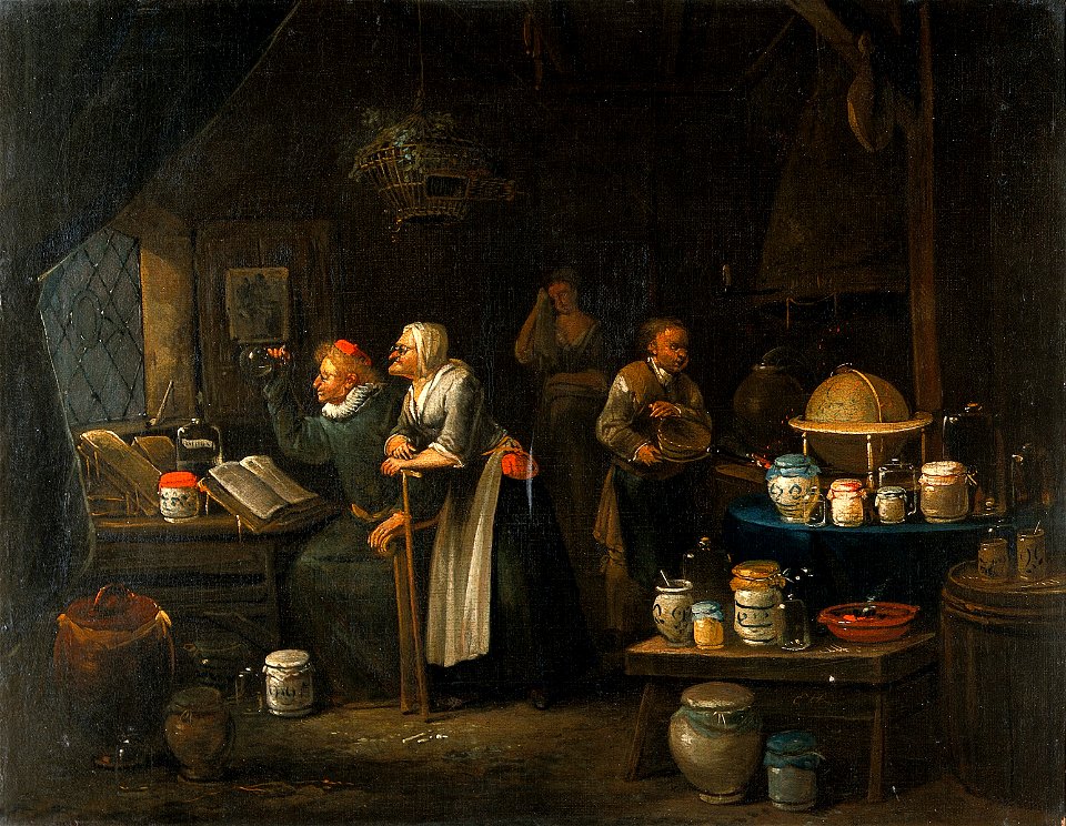Interior with doctor, assistant, old woman and girl. Oil pai Wellcome V0017258