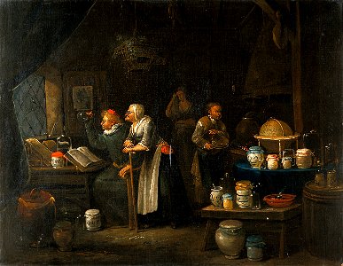 Interior with doctor, assistant, old woman and girl. Oil pai Wellcome V0017258