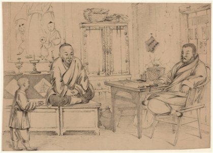 Interior view showing two men being served tea by a young boy in a commercial establishment, possibly during a business transaction LCCN2004679128. Free illustration for personal and commercial use.