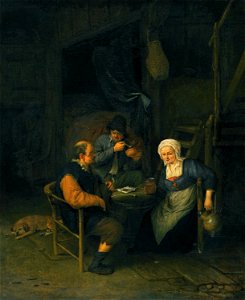 Interior with Two Boors & a Woman Conversing by Adriaen Jansz. van Ostade