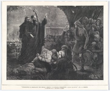 Introduction of Christianity into Britain- Christian Missionaries Interrupting a Human Sacrifice, from the Illustrated London News MET DP861765. Free illustration for personal and commercial use.