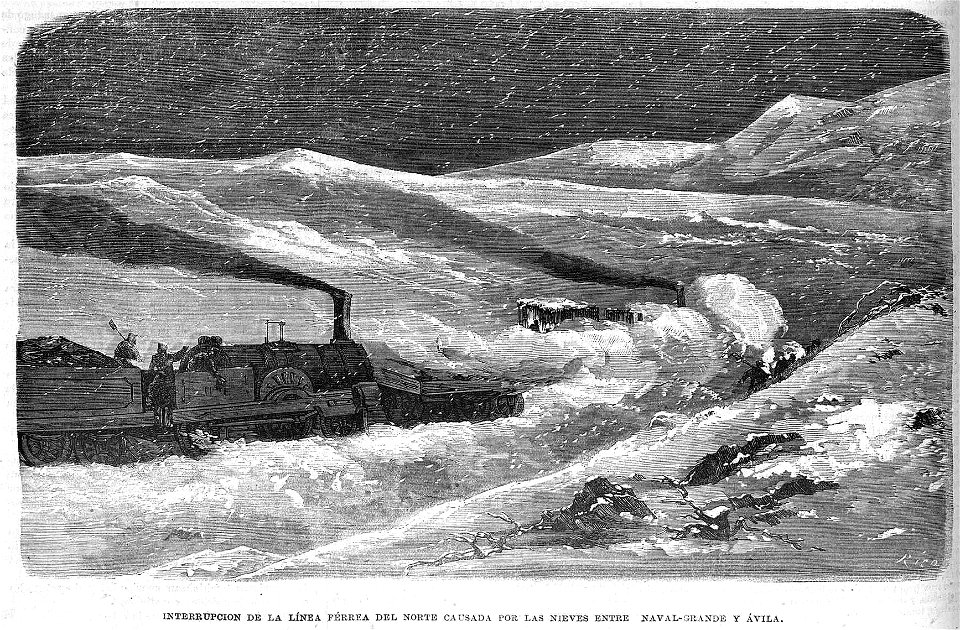 Interrupción de la línea férrea del Norte causada por las nieves entre Naval-grande y Ávila