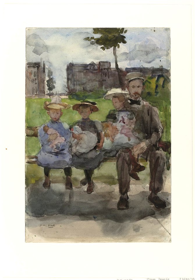 Isaac Israëls - Man met drie meisjes op een bank in het Oosterpark te Amsterdam