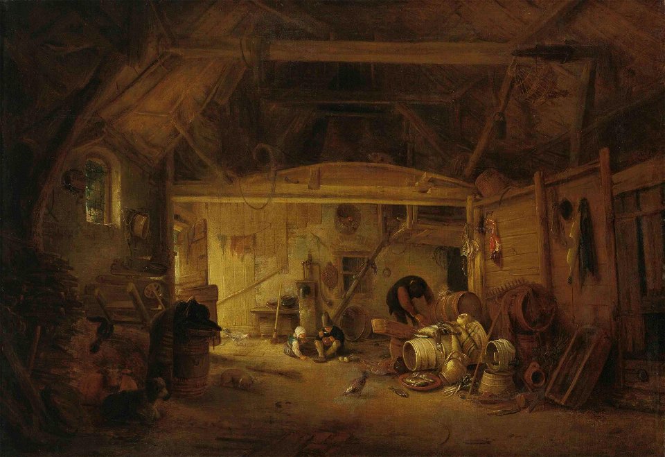 Isaac van Ostade - A barn interior with two children eating and a man working