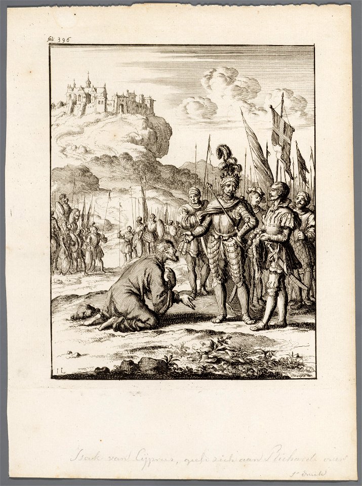 Isaac, koning van Cyprus, ligt geknield voor Richard Leeuwenhart, objectnr A 41610