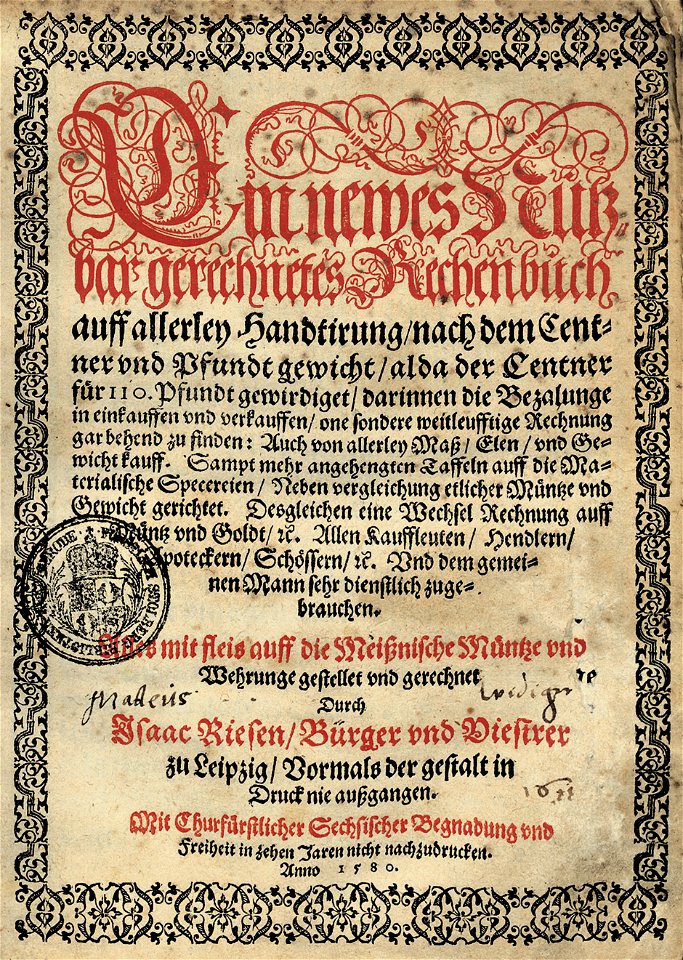 Isaac Ries Ein newes Nutzbar gerechnetes Rechenbuch