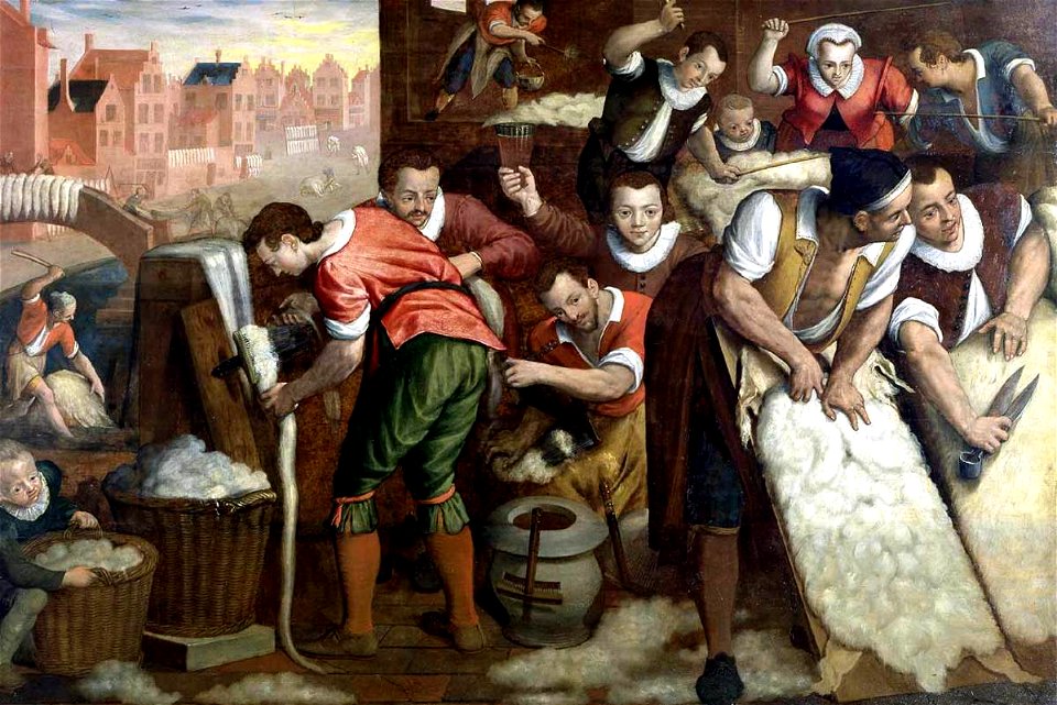 Isaac Claesz. van Swanenburg - The Removal of the Wool from the Skins and the Combing - WGA21986. Free illustration for personal and commercial use.
