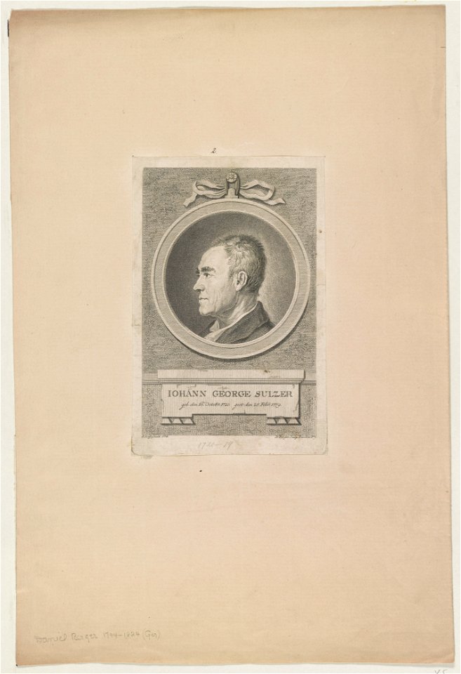 Iohann George Sulzer geb-den 16 Octobr 1720 - gest-den 25 Febr 1779 - A Graff pinxit 1774 ; D. Berger sculp. Berloini 1779. LCCN2009631984