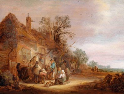 Isaac van Ostade - Peasants and musicians outside a tavern. Free illustration for personal and commercial use.