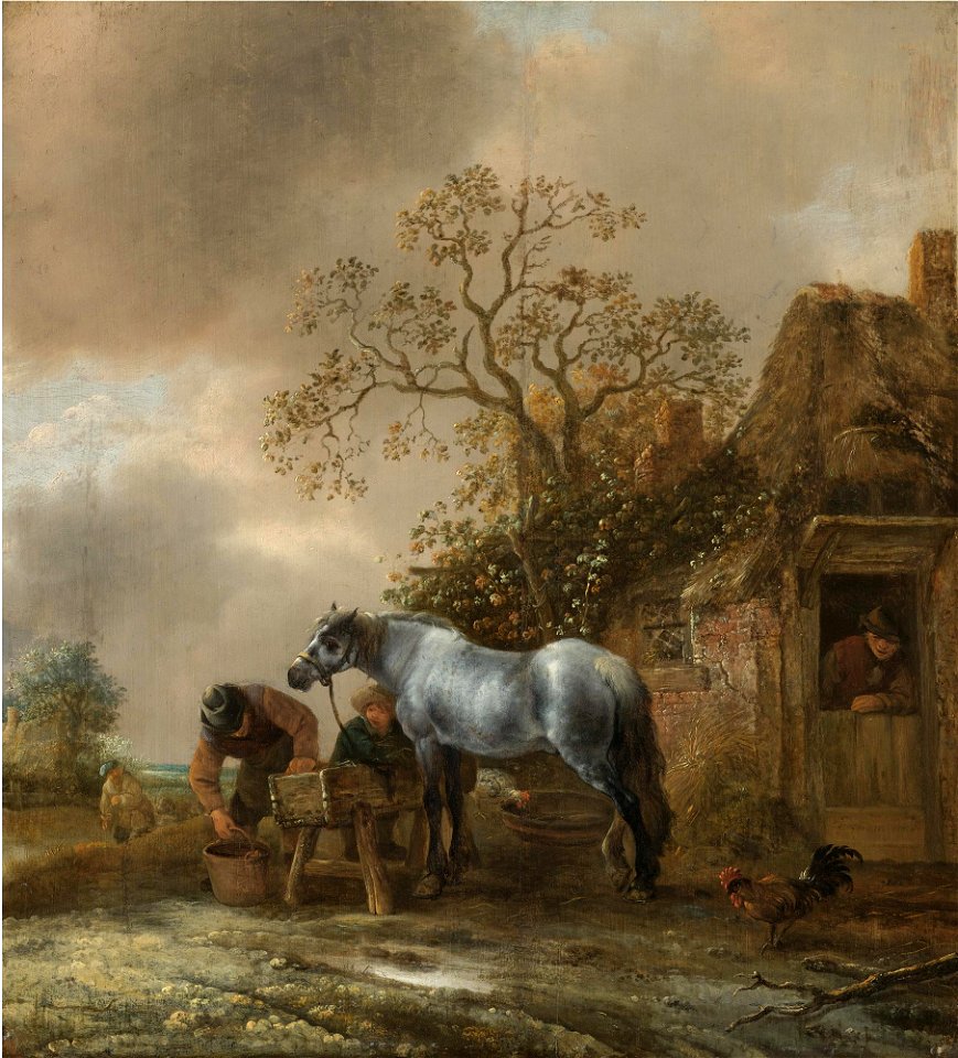 Isaac van Ostade - Landscape with Peasants Feeding a Horse before a Cottage L07033-12-lr-1