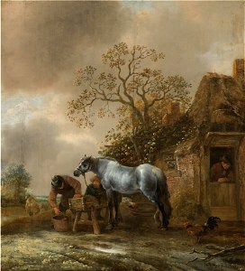 Isaac van Ostade - Landscape with Peasants Feeding a Horse before a Cottage L07033-12-lr-1