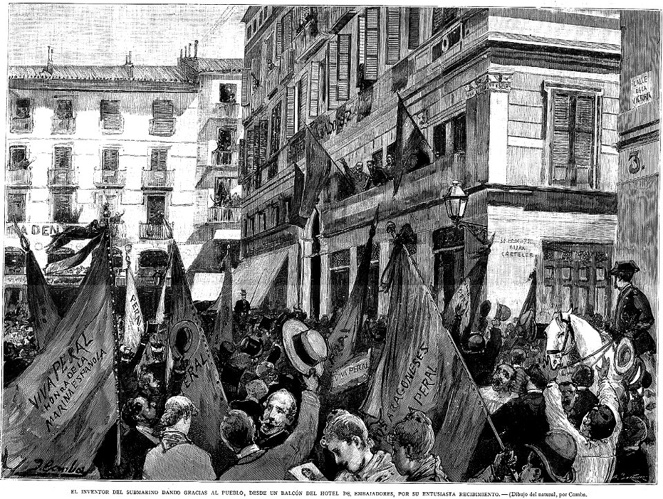 Isaac Peral, saludando desde un balcón del hotel de Embajadores, de Comba