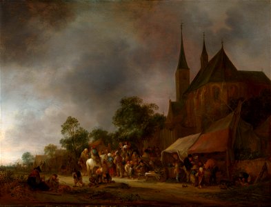 Isack van Ostade (Haarlem 1621-Haarlem 1649) - A Village Fair, with a Church behind - RCIN 407234 - Royal Collection. Free illustration for personal and commercial use.