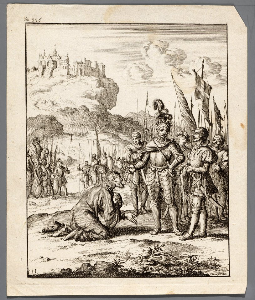 Isaac, koning van Cyprus, ligt geknield voor Richard Leeuwenhart, objectnr A 41624