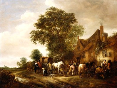Isack van Ostade (Haarlem 1621-Haarlem 1649) - Travellers outside an Inn - RCIN 405216 - Royal Collection. Free illustration for personal and commercial use.