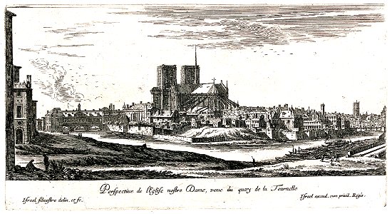 Israel Silvestre, 'Perspectiue de l'Eglise nostre Dame, veue du quay de la Tournelle', Faucheux 52.3 – israel.silvestre.fr (adjusted)