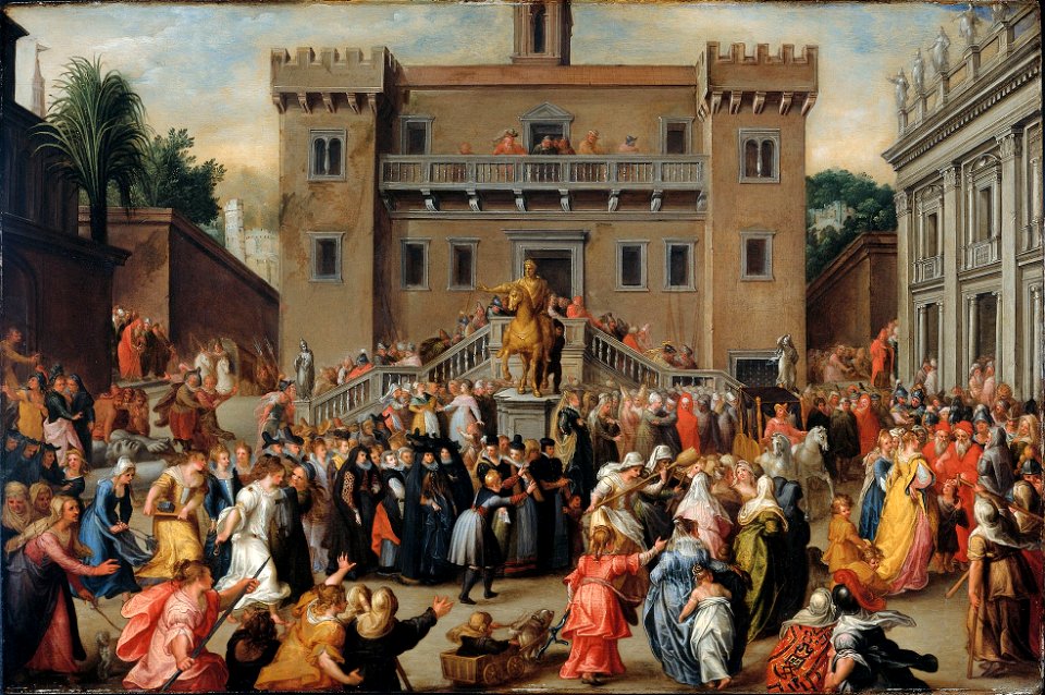 Pieter Isaacsz - oploop der Romeinse vrouwen op het Kapitool te Rome na het optreden van de kleine Papirius