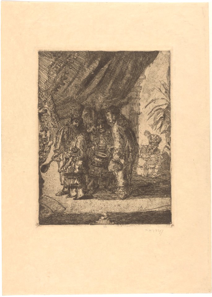 Iston, Pouffamatus, Cracozie and Transmouffe, Famous Persian Physicians, Examining the Stools of King Darius after the Battle of Arbela, print by James Ensor, 1886, Prints Department, Royal Library of Belgium, S. II 53377