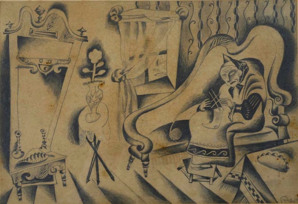 Issachar Ber Ryback - Interior with knitting woman