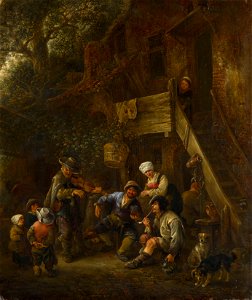 Isack van Ostade (Haarlem 1621-Haarlem 1649) - Peasants Listening to a Blind Fiddler before a Cottage - RCIN 407272 - Royal Collection. Free illustration for personal and commercial use.